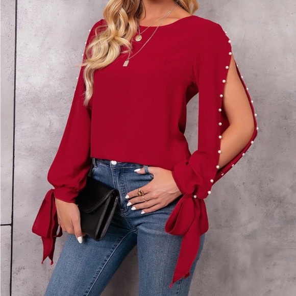 SHEIN Pearl Beaded Tie Cuff Slit Sleeve Blouse - Picture 3 of 6
